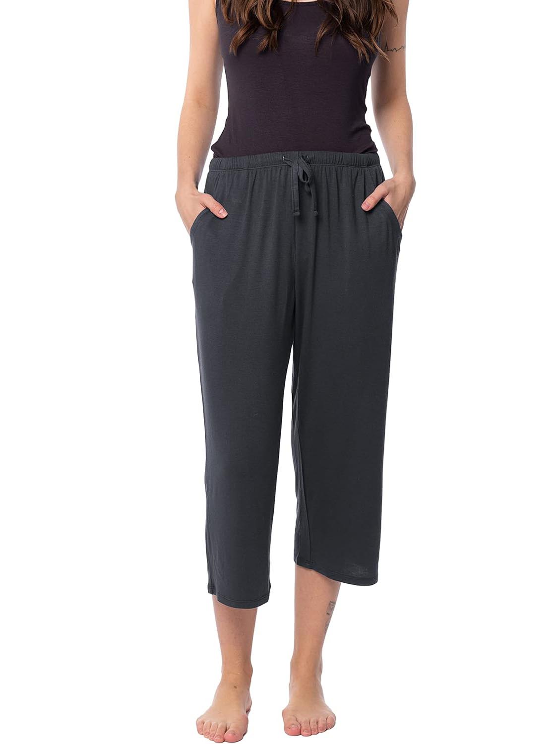 Women's Relaxed Flowy Drawsting Cropped Yoga Lounge Pants with Pocket