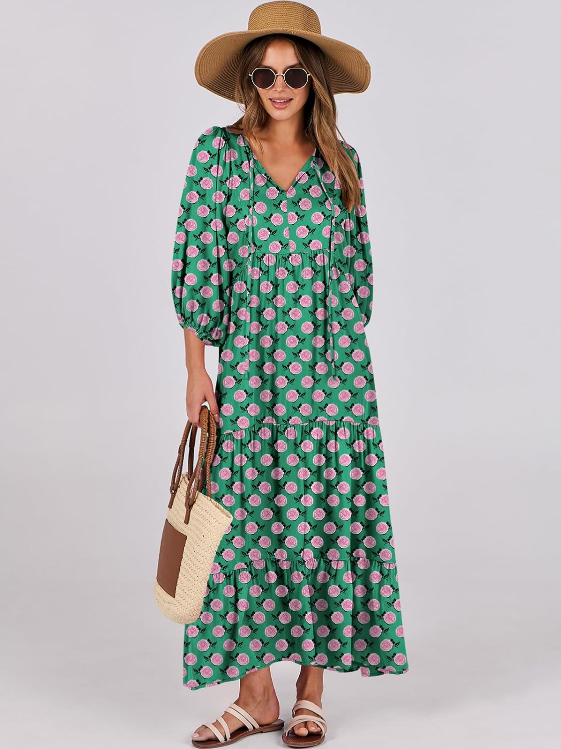 HOT SALE Summer V Neck Puff Sleeve Floral Flowy Casual Maxi Dress