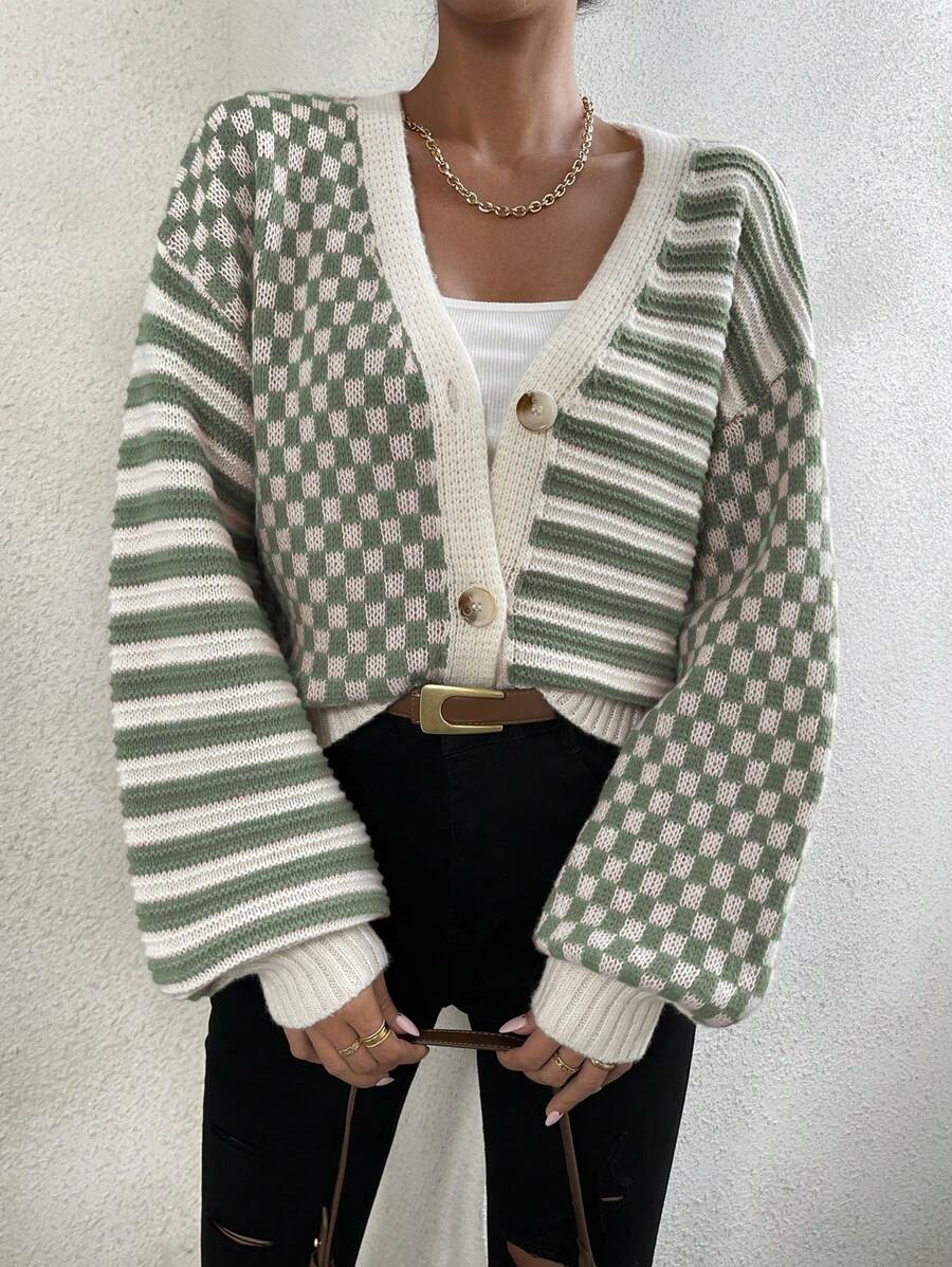 Women's Checker Plaid Striped Pattern Button Up V Neck Cardigan