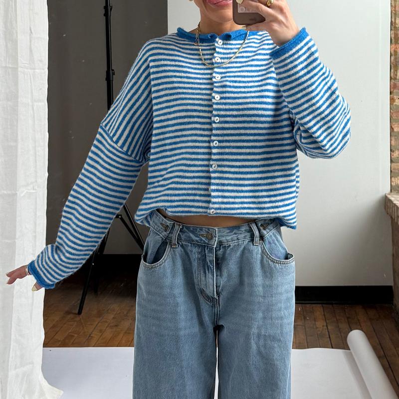 Women‘s Rolled Hem Striped Button Cardigan