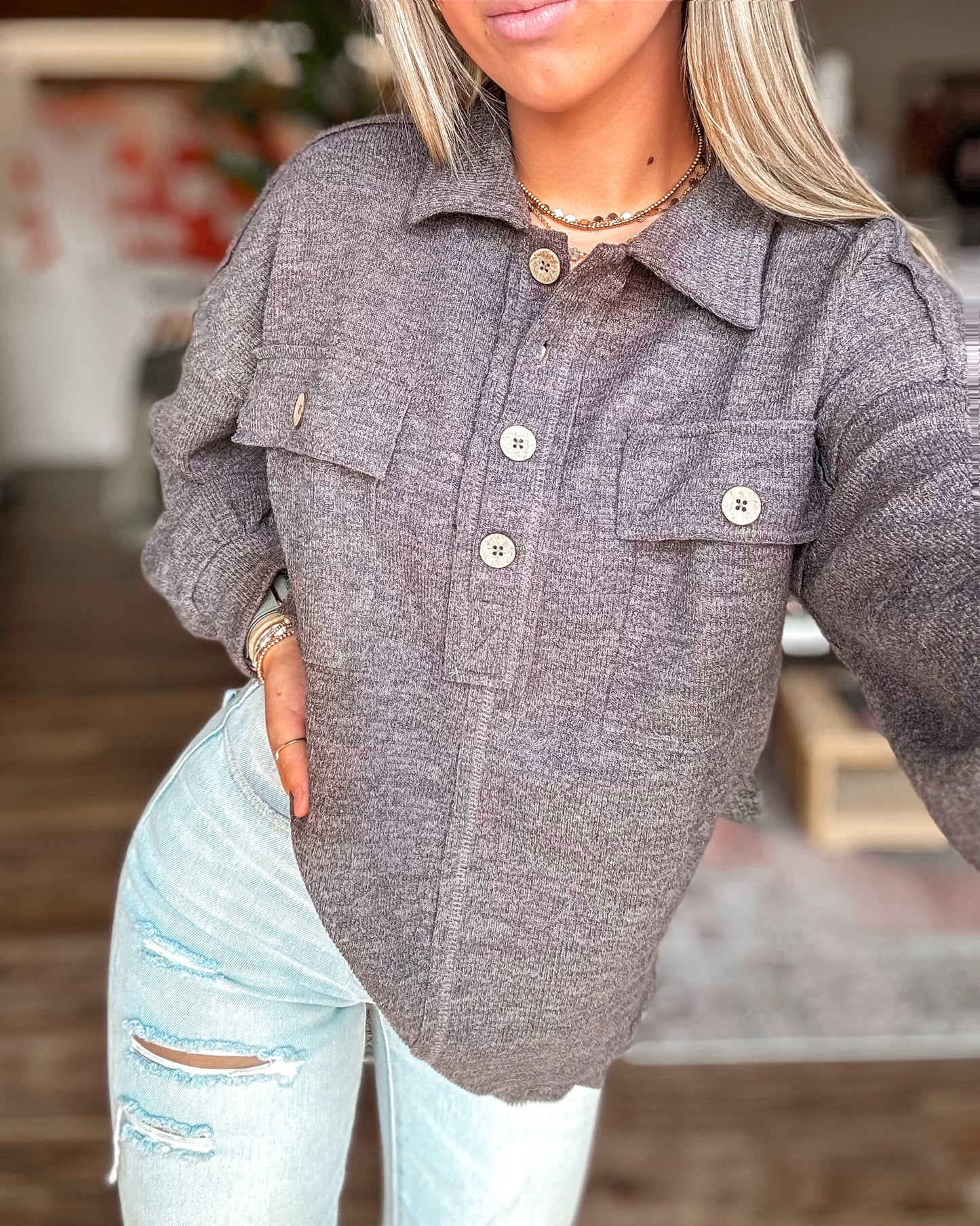 Collared Half Button Knit Top with Pockets