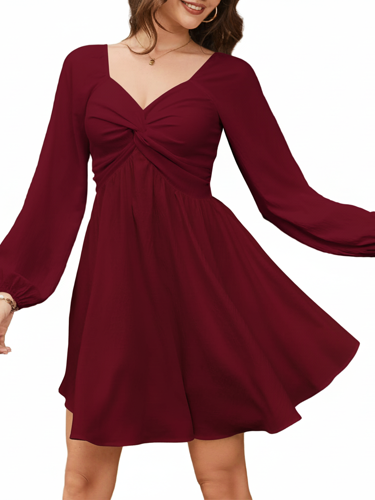 HOT SALE Women's V Neck Knot Front Smocked Back Long Sleeve Dress