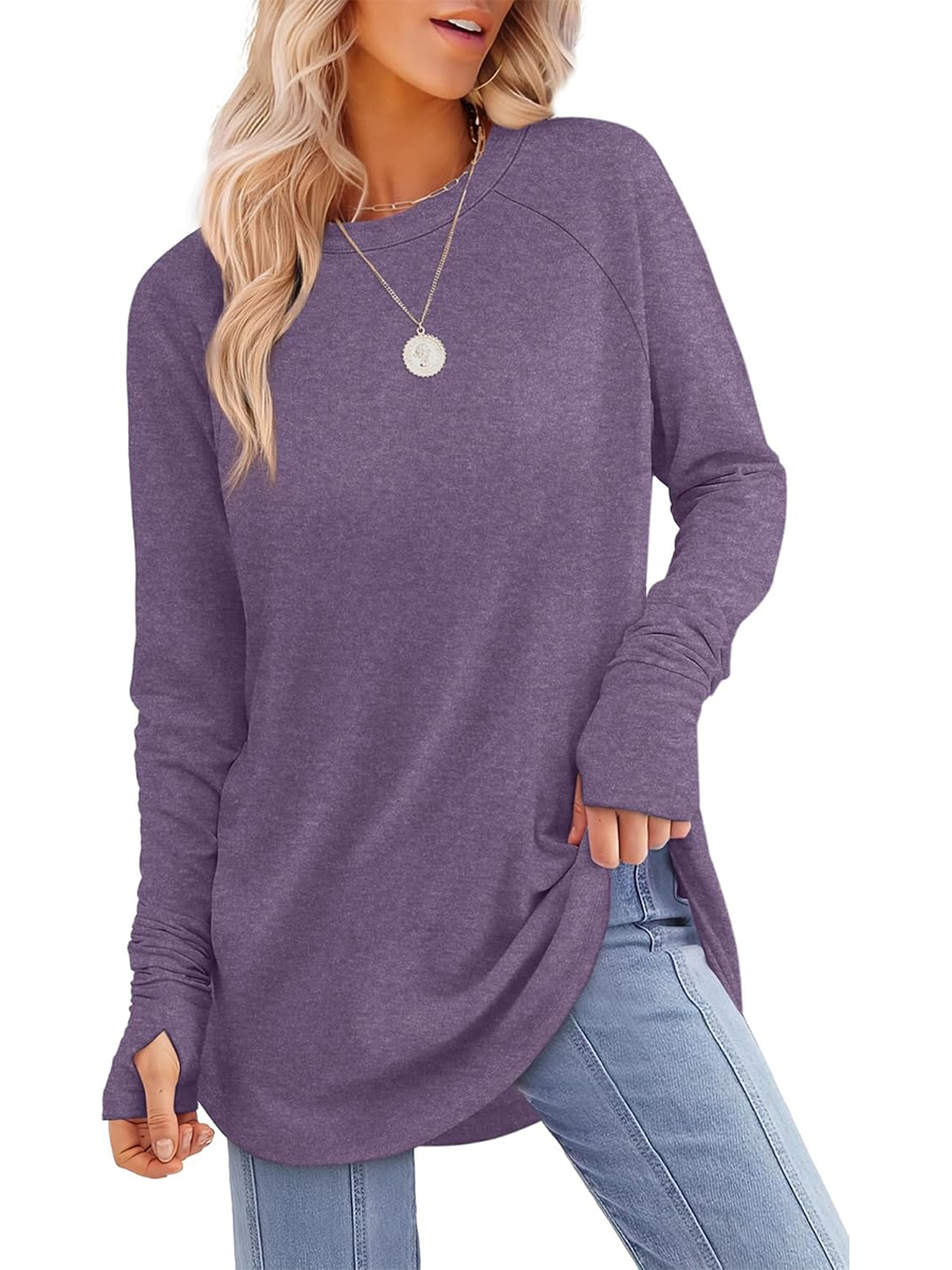 Women's Crew Neck Long Sleeve Thumb Hole Shirts Basic Top