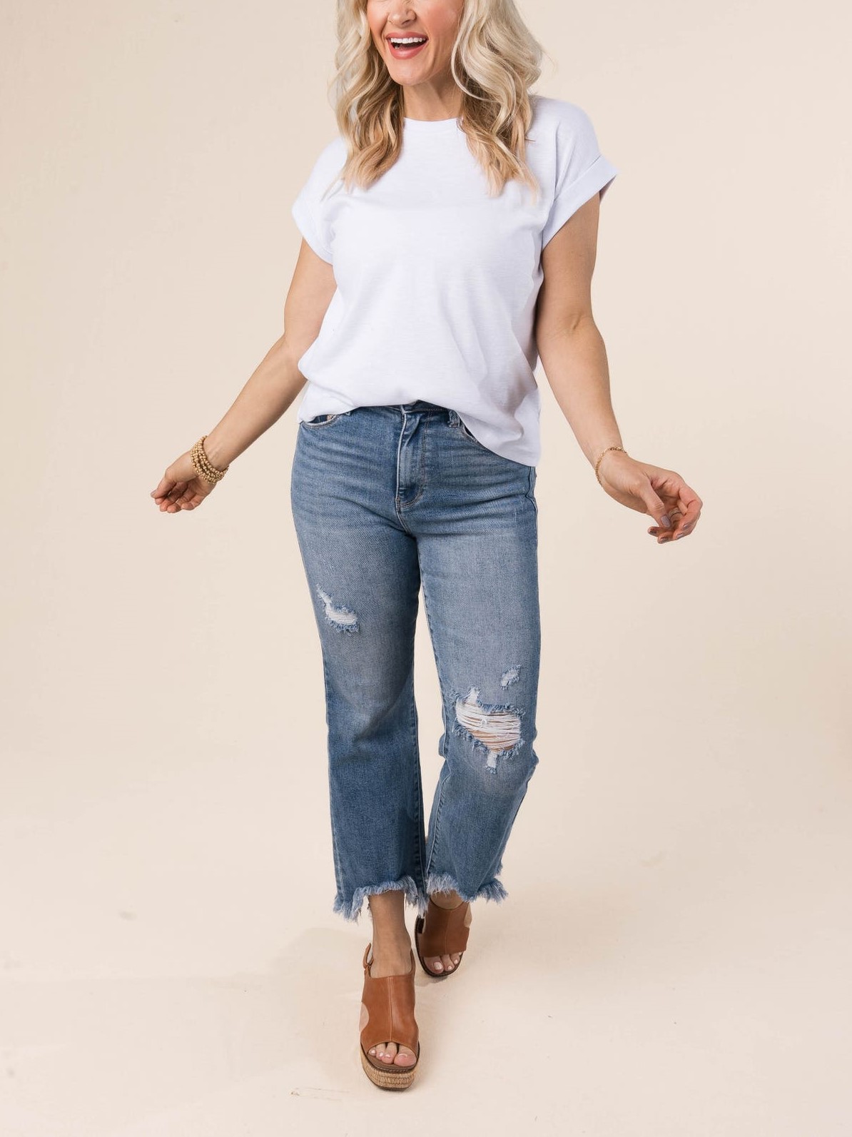 Women's Crew Neck Knit Rolled Cuff Short Sleeve Basic Tee