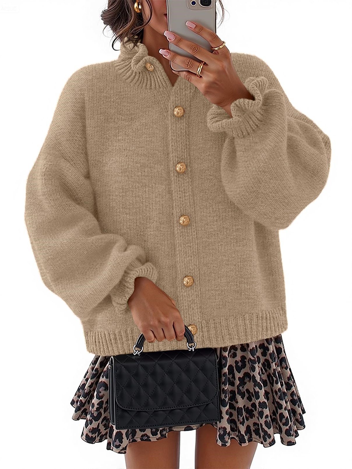 Women's Ruffle Button Down Long Sleeve Chunky Cardigan Sweaters