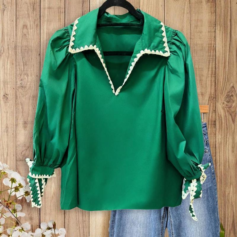 Women's Puff Sleeve Blouse V-Neck Lace Trim