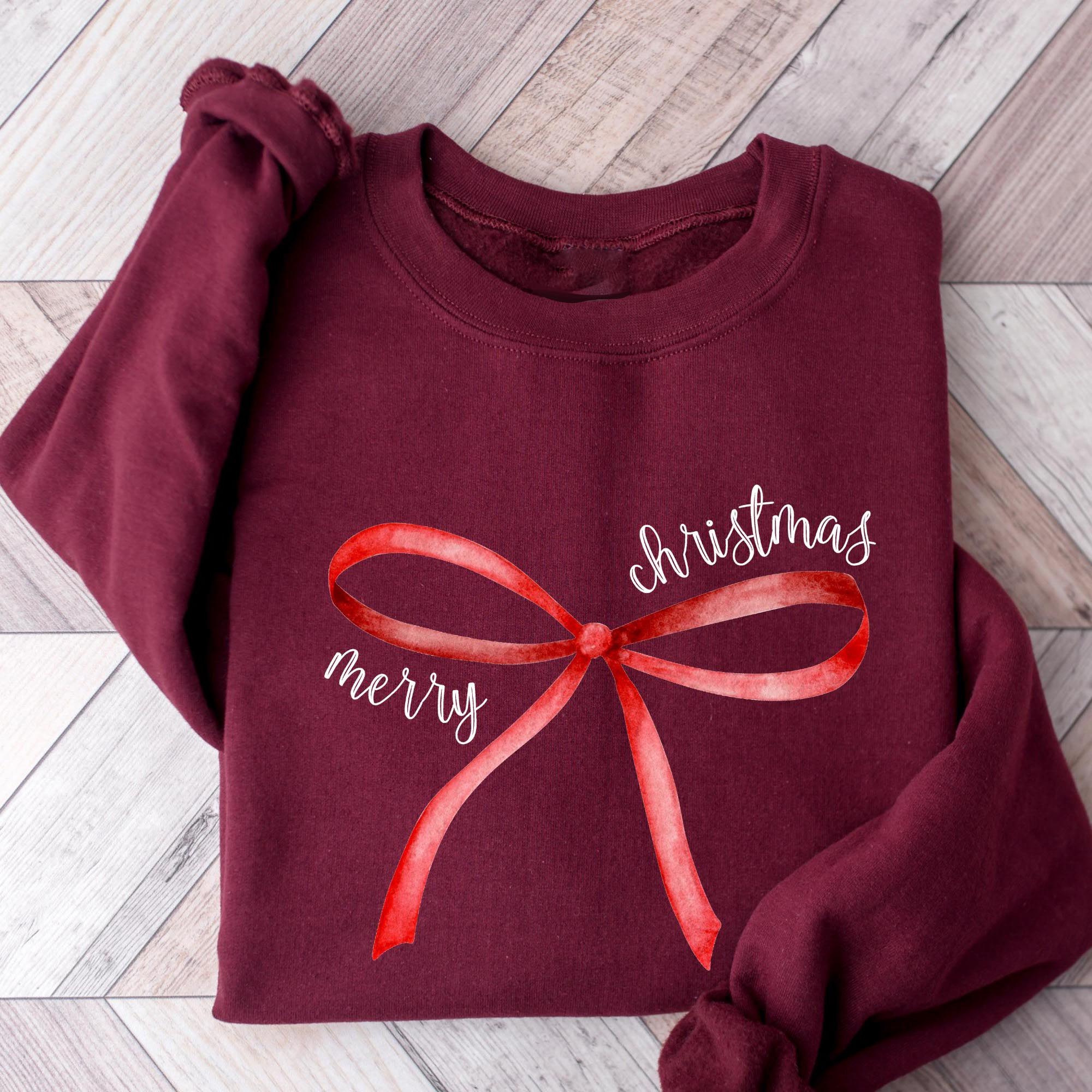 “Merry Christmas” Red Bow Print Holiday Sweatshirt