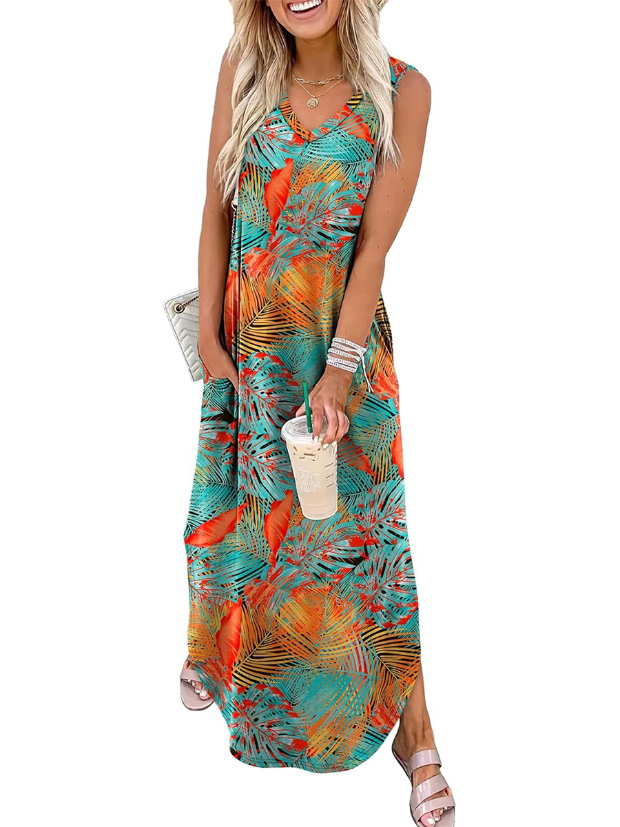 Women's Summer Boho Print V Neck Split Tank Long Dress with Pockets