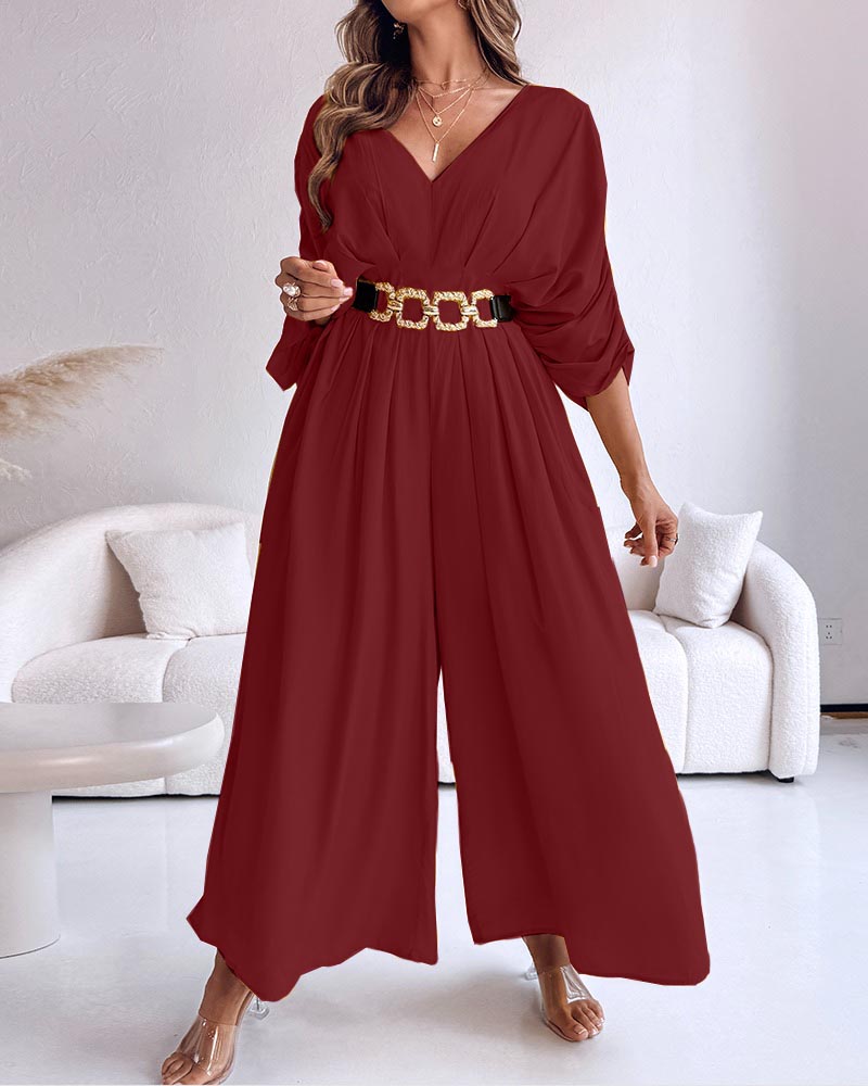 Women's Casual V-Neck Half Sleeve Ruched Jumpsuit