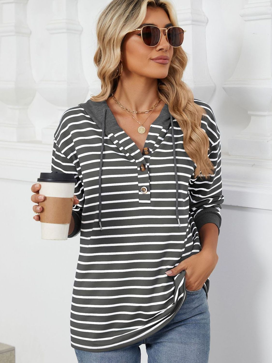 Womens Striped Hoodies Jumper Drawstring Tops