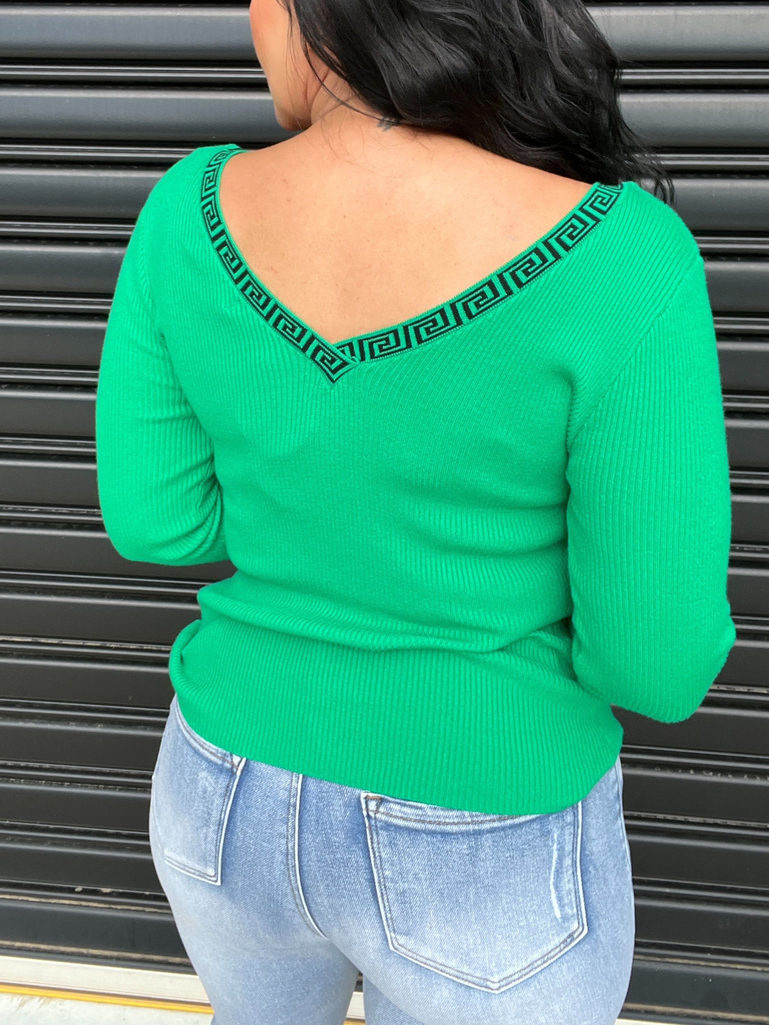 Deep V Neck Fitted Long Sleeve Geometric Trim Top