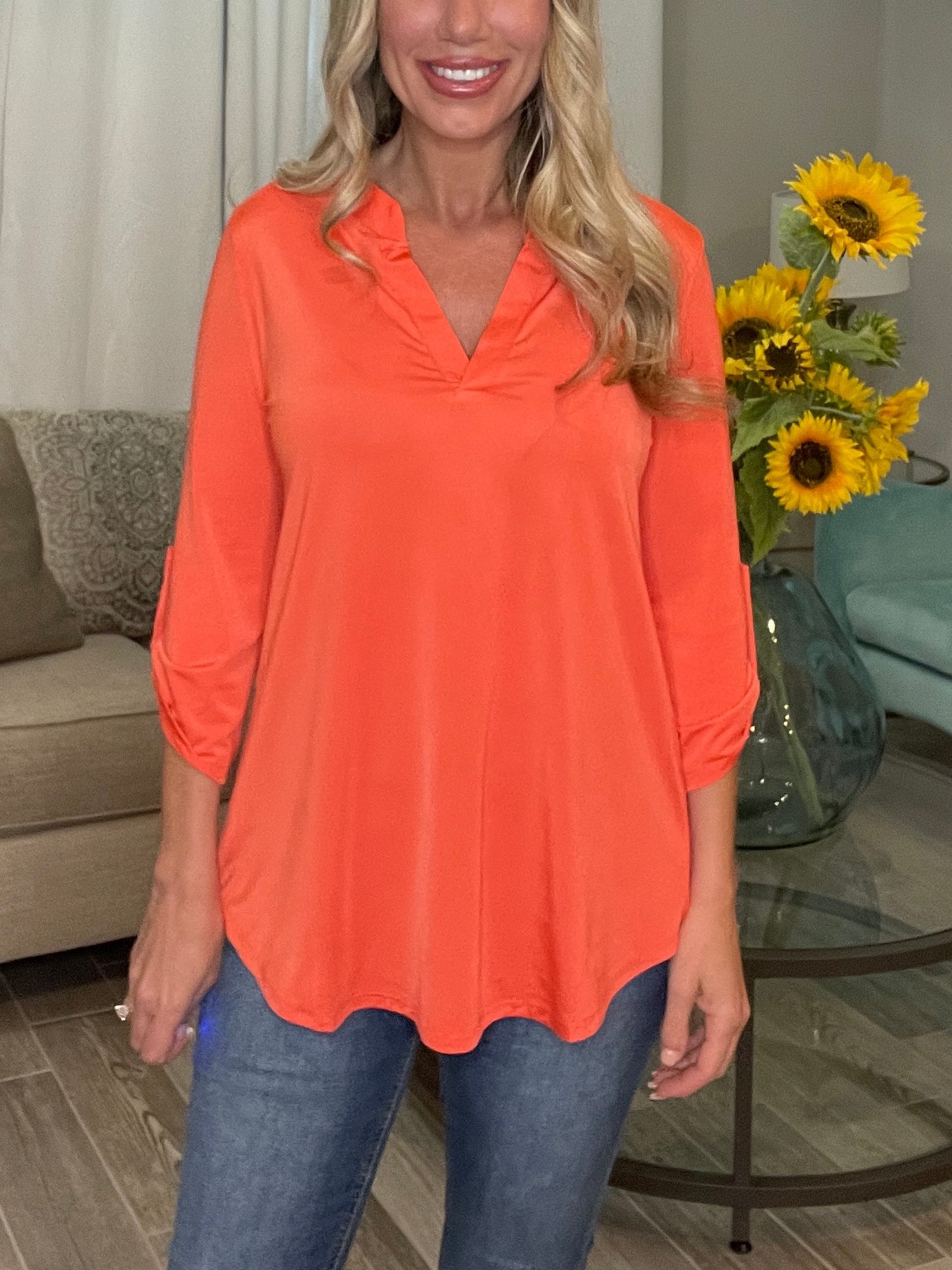 V Neck Satin 3/4 Sleeve Button Blouse 