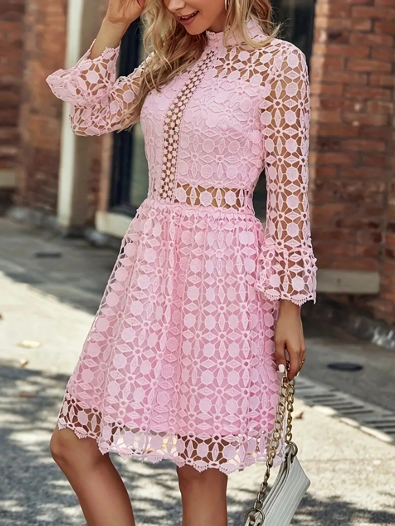 Women's Stand Collar Lace Hollow-Out Floral Pattern Dress