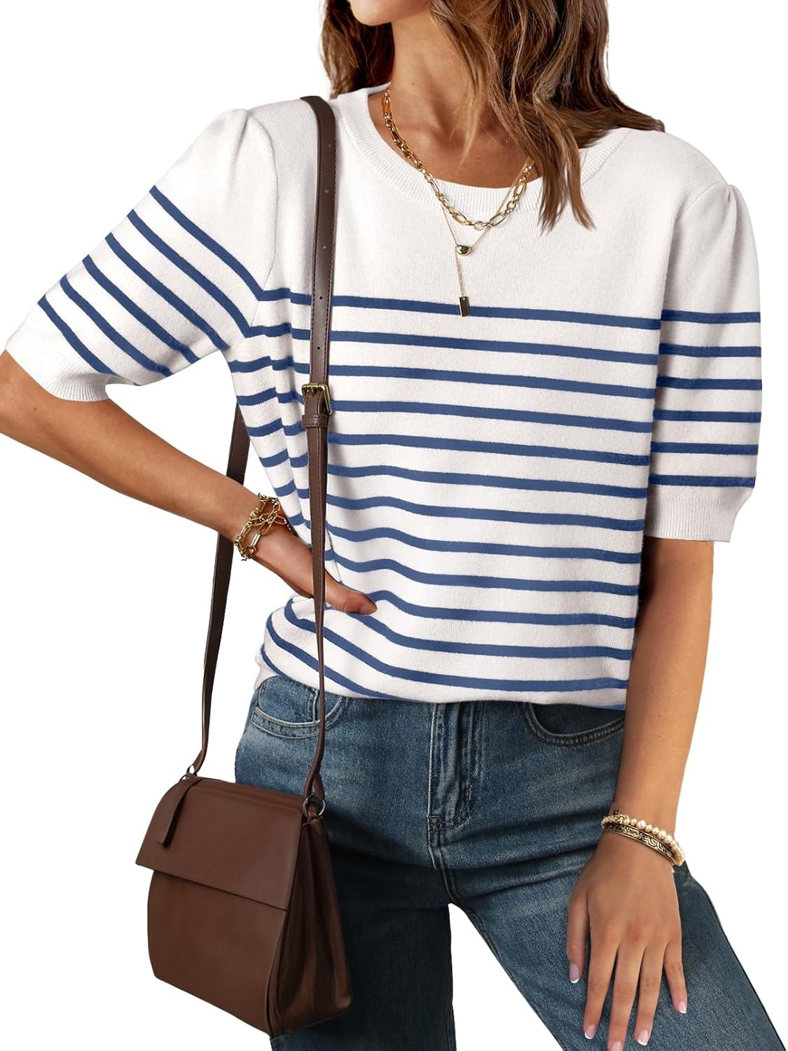 Women's Casual Striped Puff Sleeve Knit T-Shirts Top