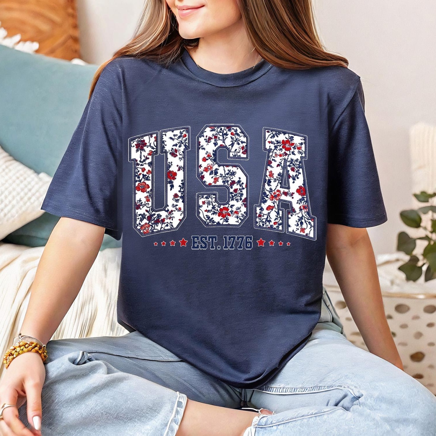 Women's Patriotic Floral USA Graphic Tee, Independence Day Shirt