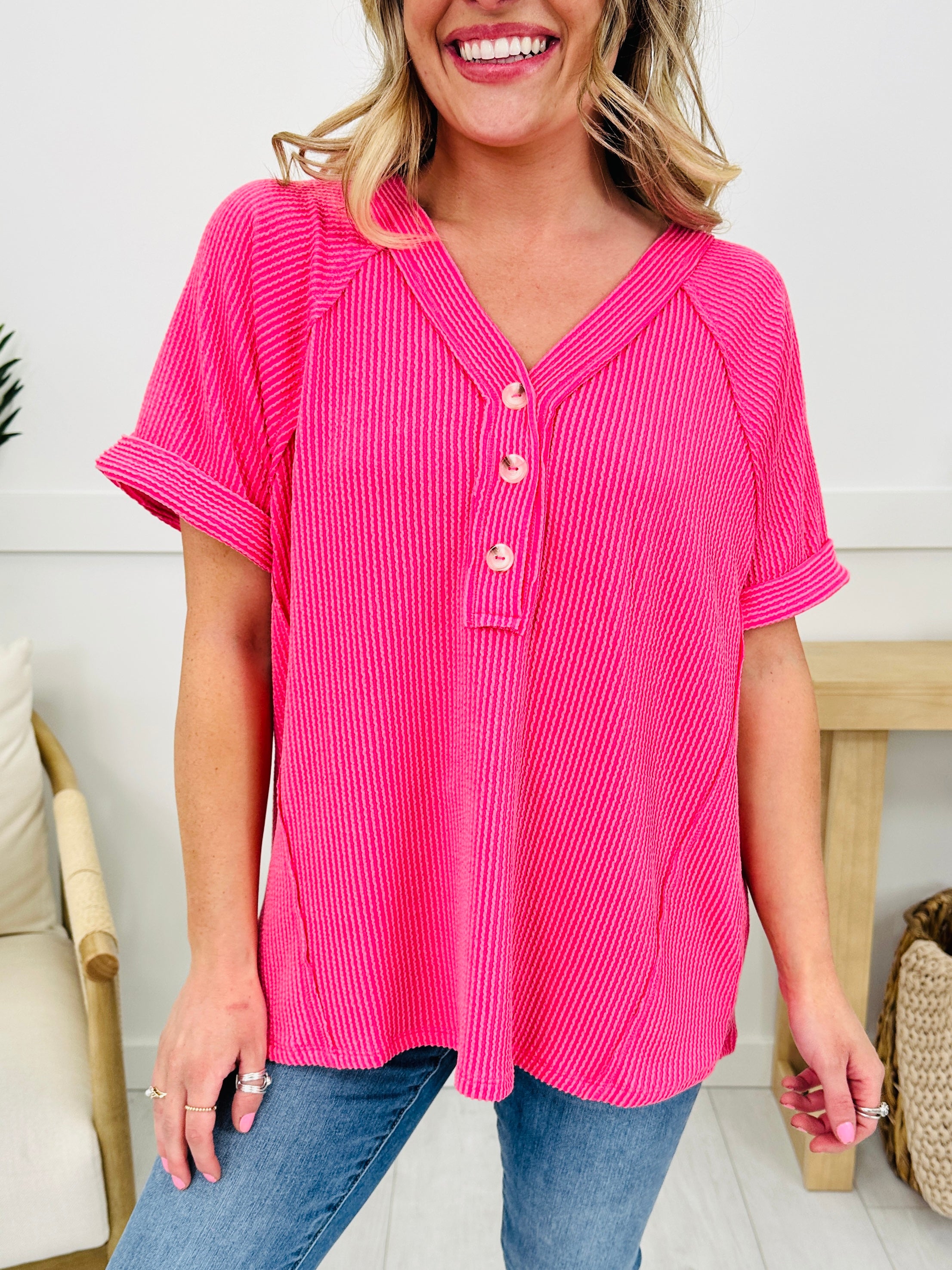 Women's V Neck Ribbed Button Shoort Sleeve Top