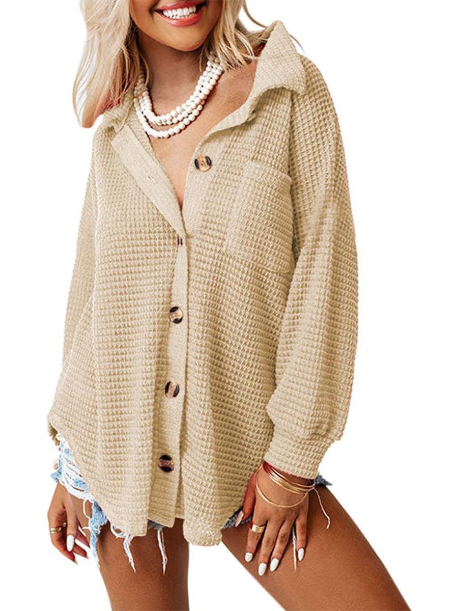Women's Waffle Knit Casual Button Down Shirts Jacket
