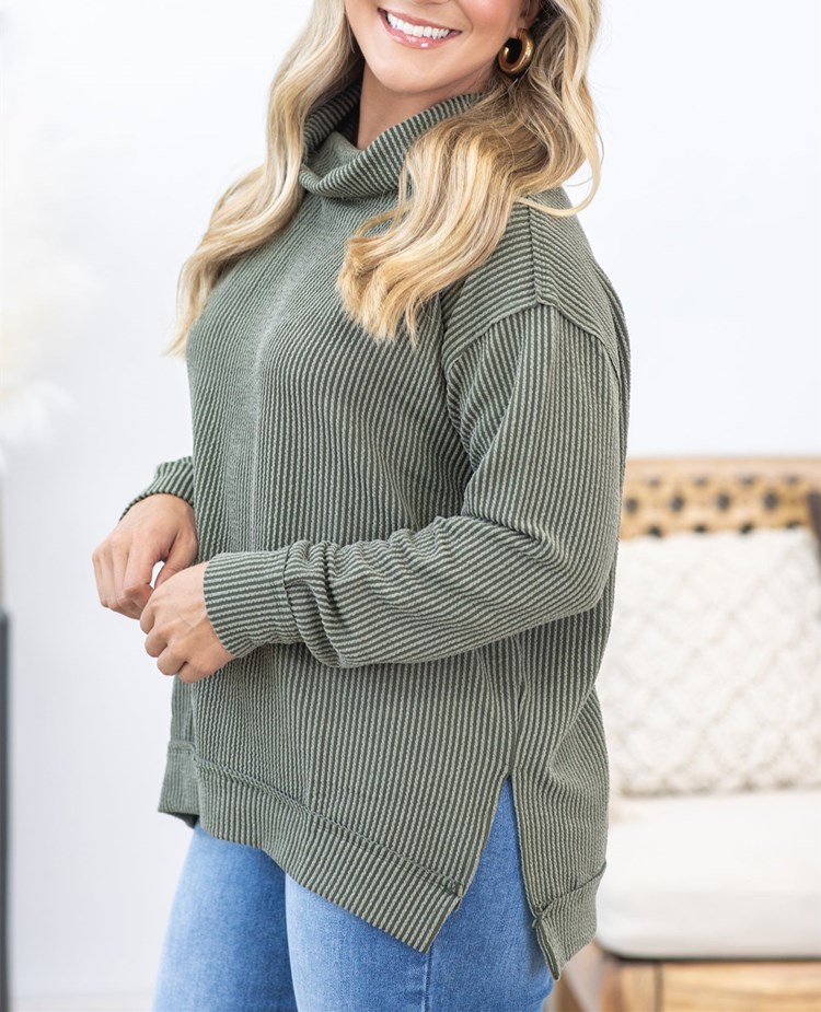 Ribbed Cowl Neck Long Sleeve Knit Top