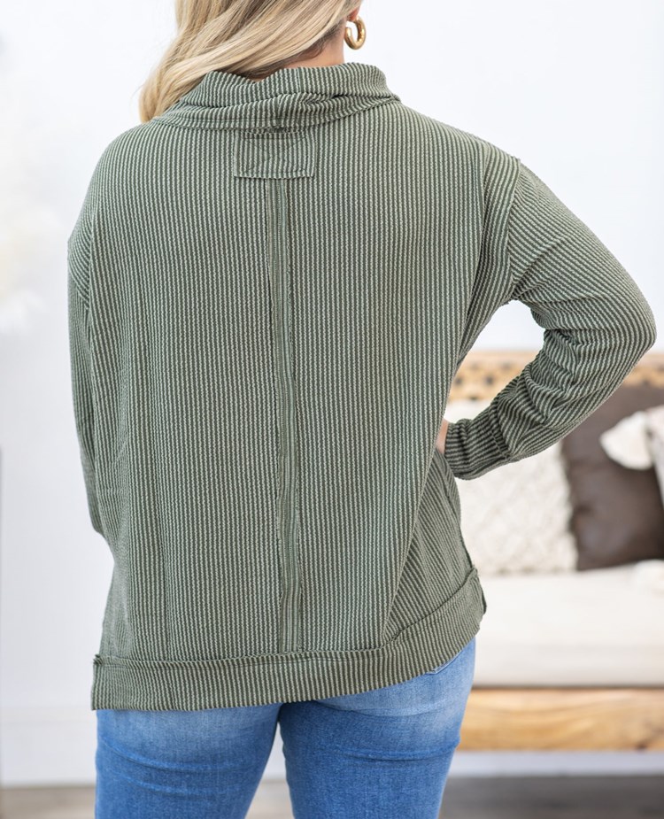 Ribbed Cowl Neck Long Sleeve Knit Top