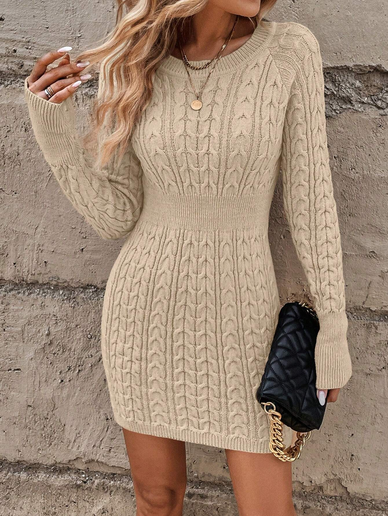Women's Cable Long Sleeve Knit Sweater Dress 