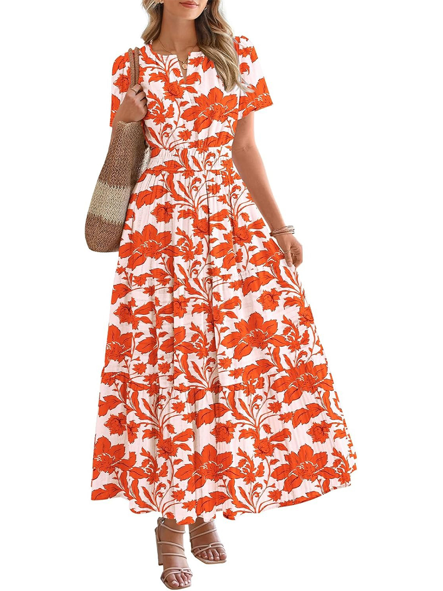 Women's Summer Floral Short Sleeve V Neck Elastic Waist Tiered Maxi Dress Pockets