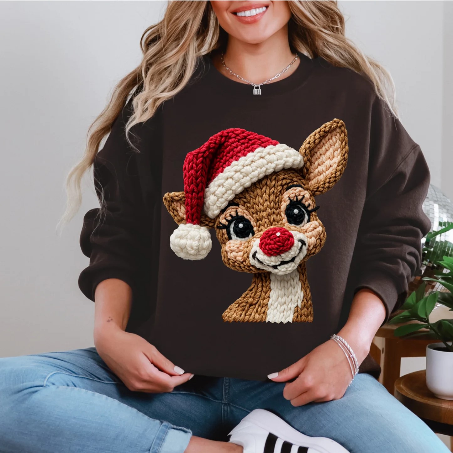 Red-Nosed Reindeer Santa Hat Print Christmas Sweatshirt