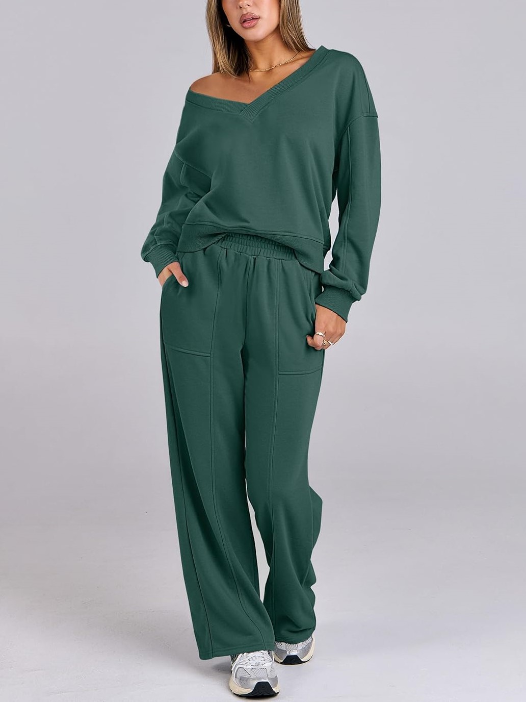 Women's V Neck Sweatshirts Wide Leg Jogger Sweatpants Lounge Sets
