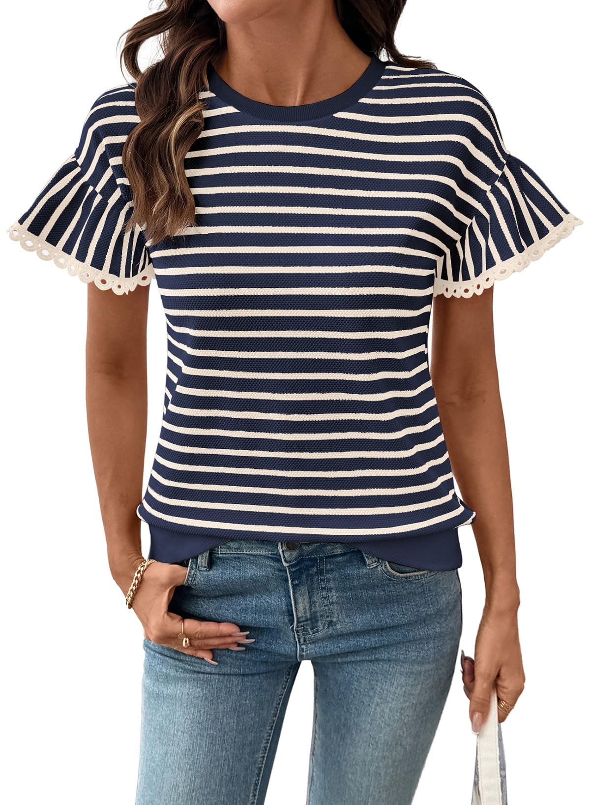 Women's Knit Striped Color Block Ruffled Short Sleeve Top
