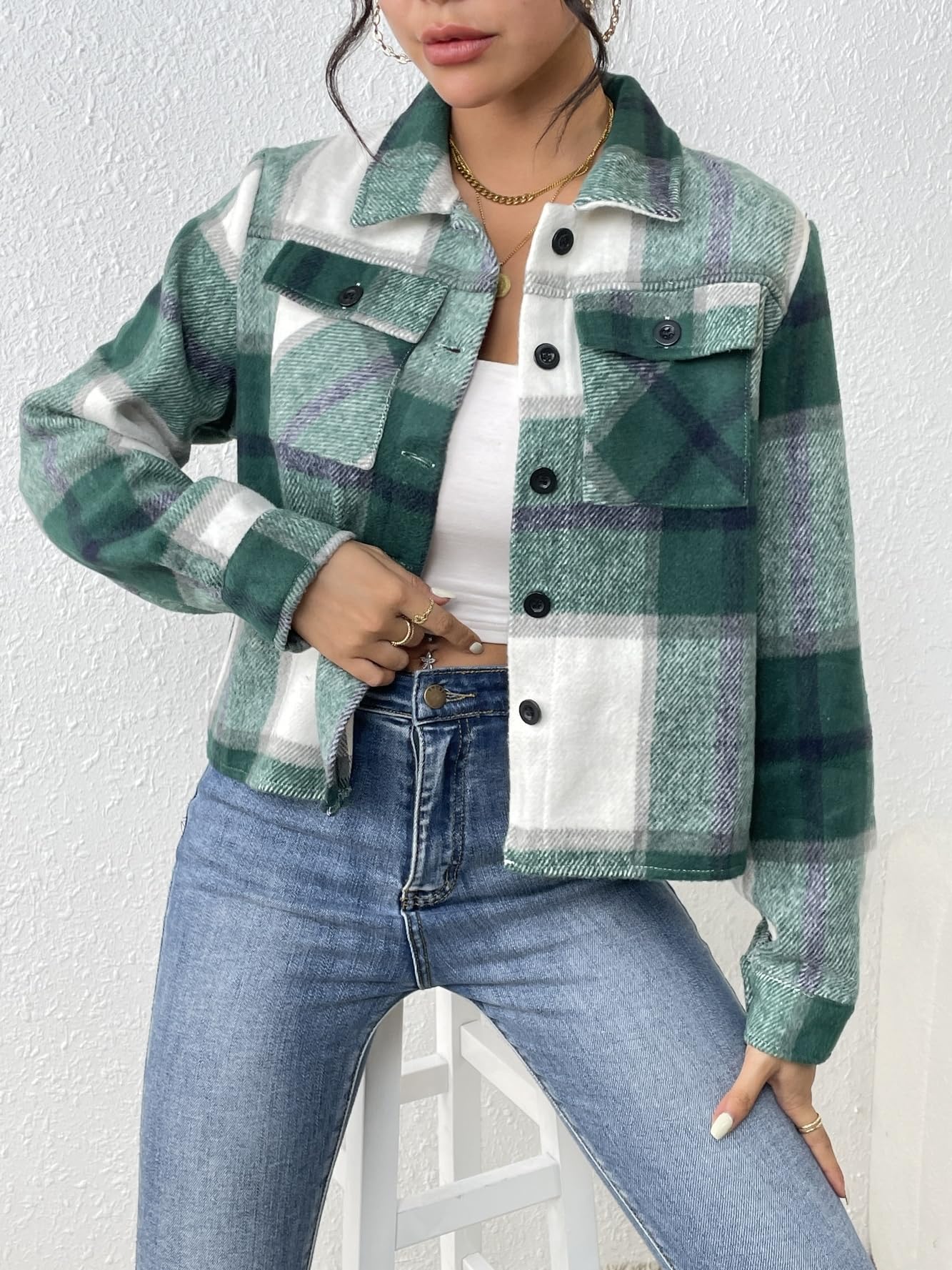 Women Flannel Plaid Button Down Cropped Jacket