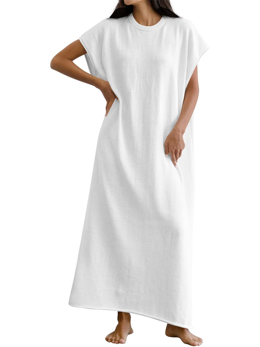 Casual Crewneck Short Sleeve Loose Fit Knit Maxi Dress