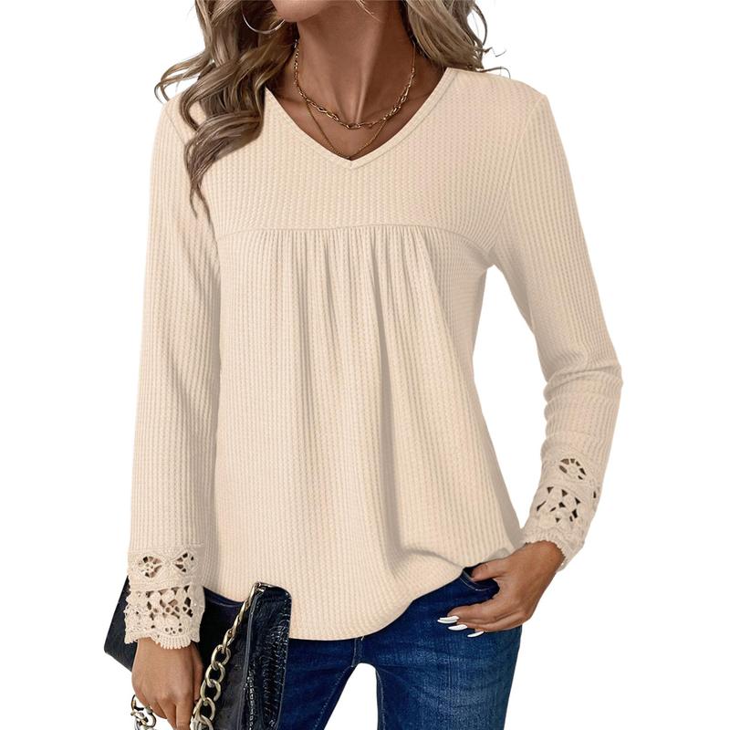 Women's Tops Casual V Neck Long Sleeve Waffle Knit Textured Lace Hollow Out Shirts Loose Tunic Tops Blouses