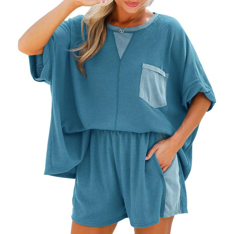 Women's Waffle Knit 2 Piece Oversized T-Shirt Casual Shorts Set