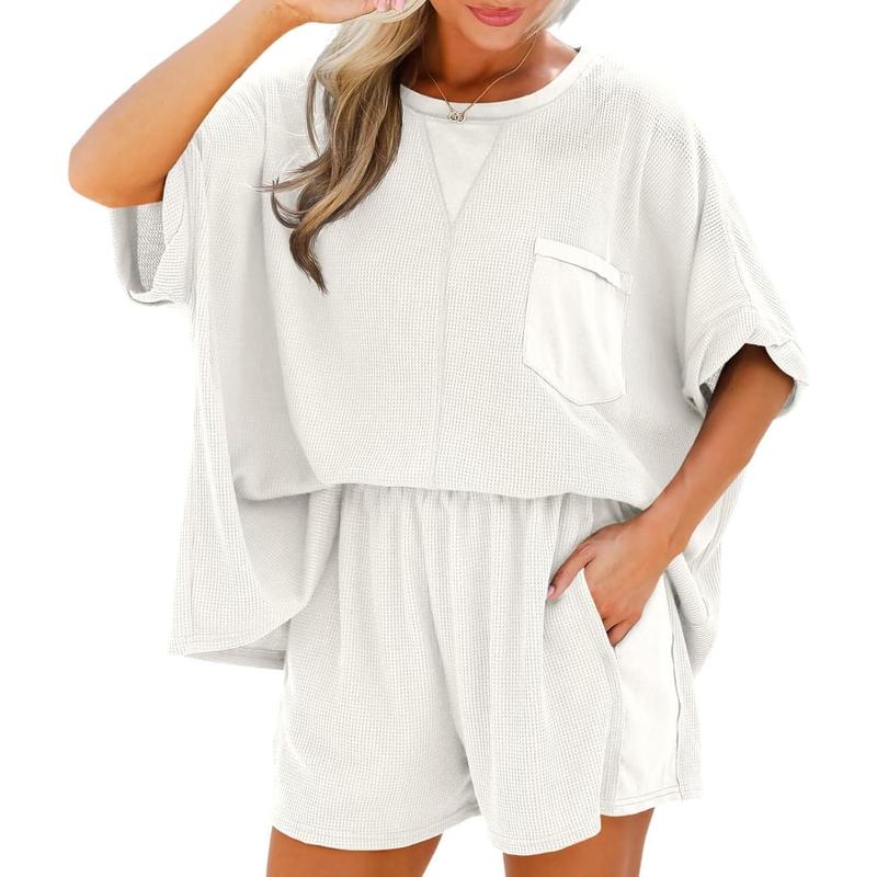 Women's Waffle Knit 2 Piece Oversized T-Shirt Casual Shorts Set