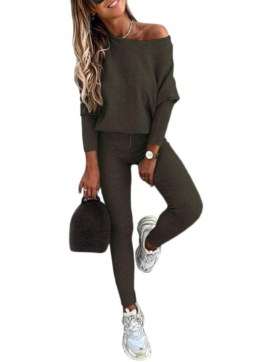 Women's Knitted Batwing Sleeve Sweater Tops Drawstring Pants 2 Piece Set