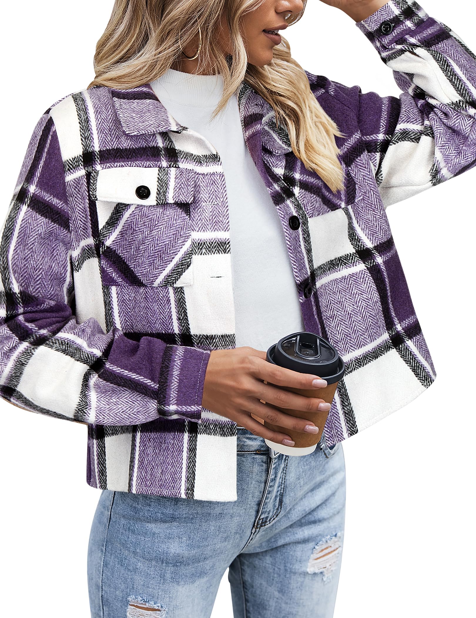 Women Flannel Plaid Button Down Cropped Jacket