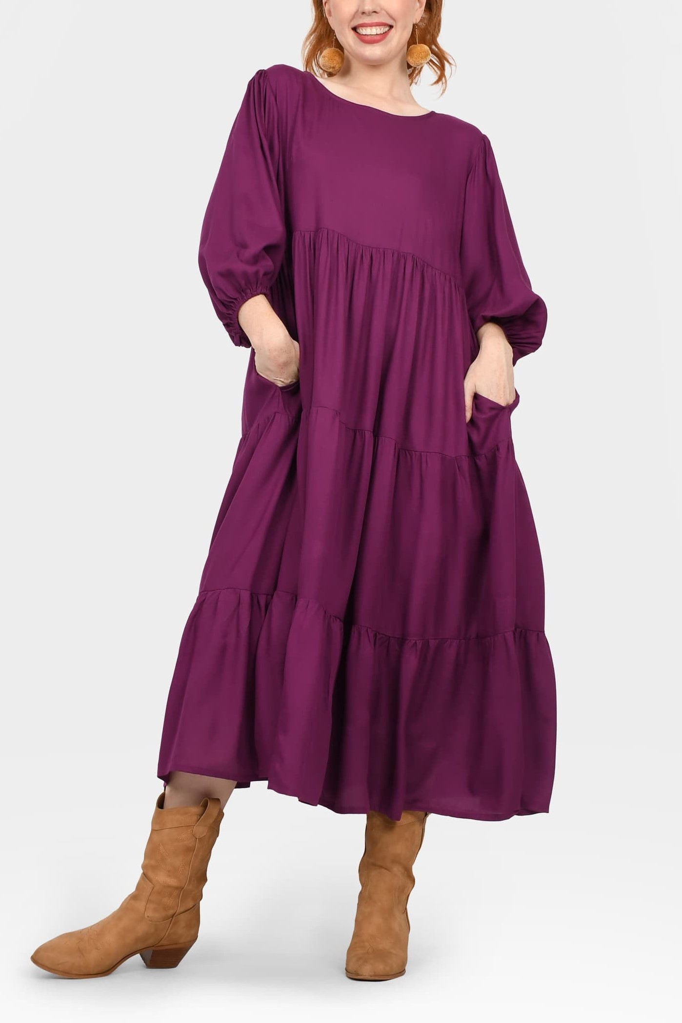 Crew Neck Long Sleeve Layered Maxi Dress