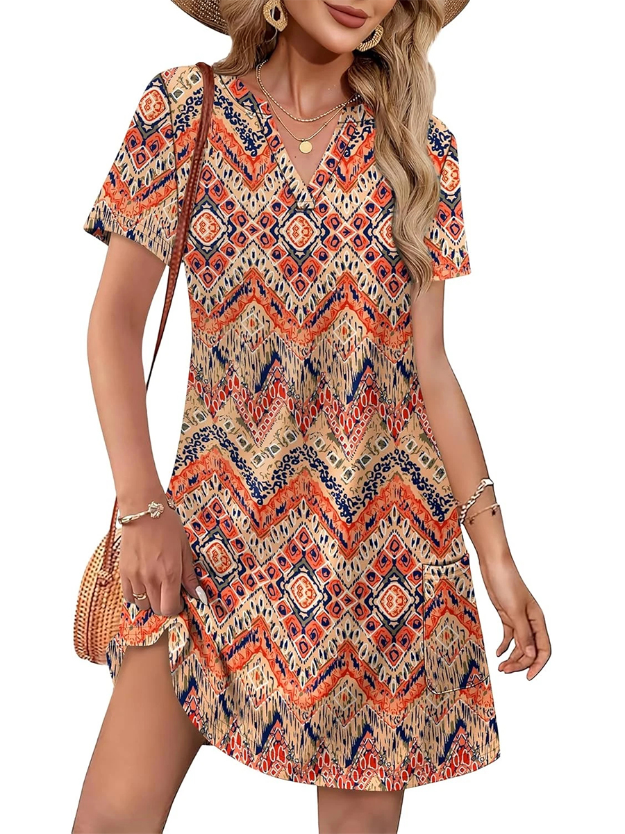 Women's Casual Printed V Neck Short Sleeve Pocket Midi Dress