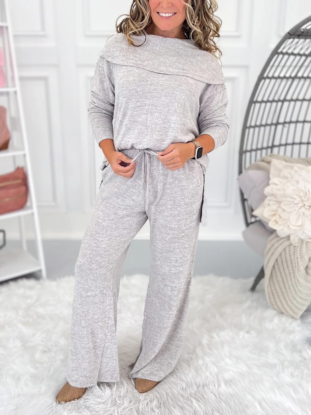 Women's Soft Knit Fold Boat Neck Top and Pants Lounge Set