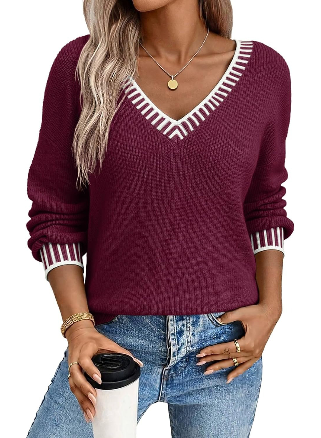 Women's V Neck Casual Knit Hollow Long Sleeve Tops Lightweight Sweaters