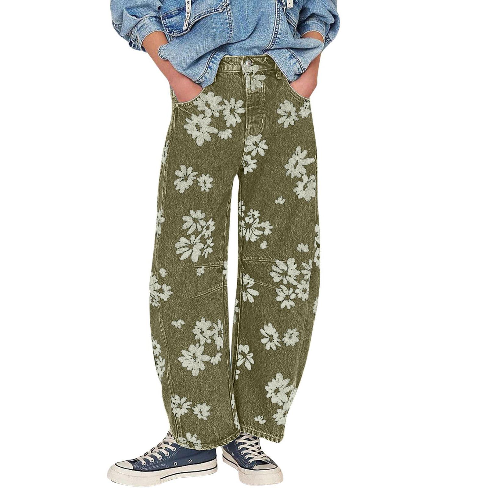 Women's Mid-rise Floral Print Cropped Loose Wide-leg Jeans