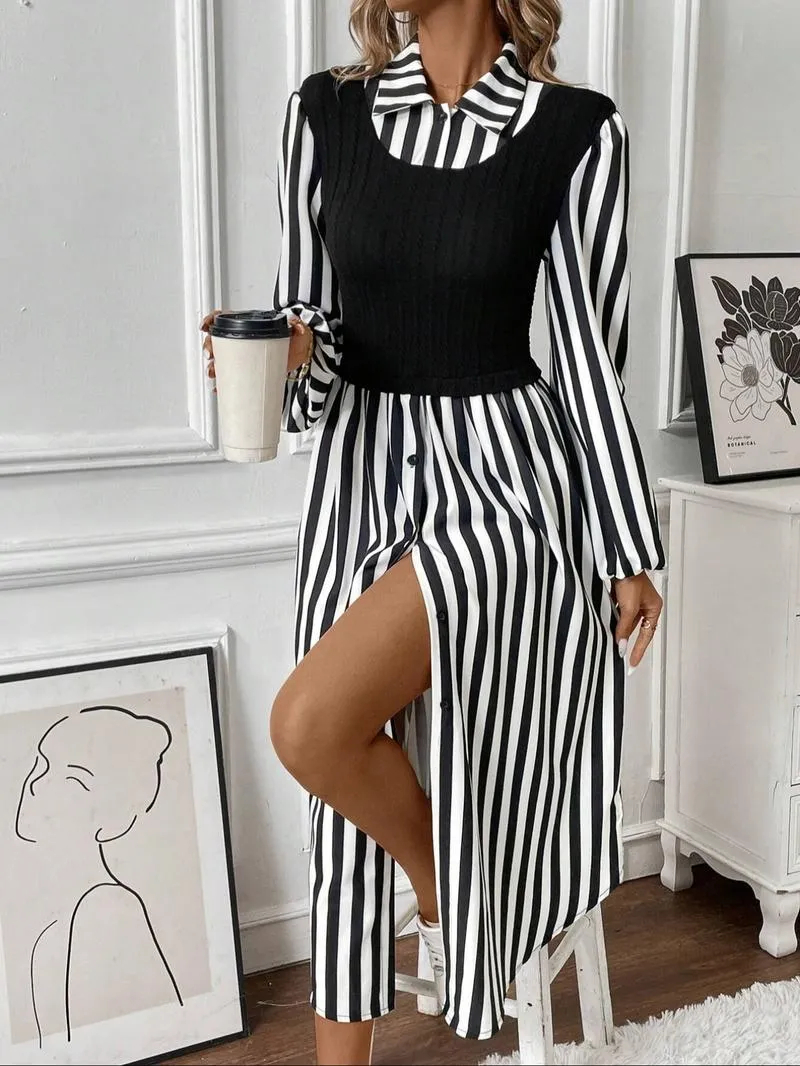 HOT SALE Women's Long Sleeve Striped Button Front Shirt Dress