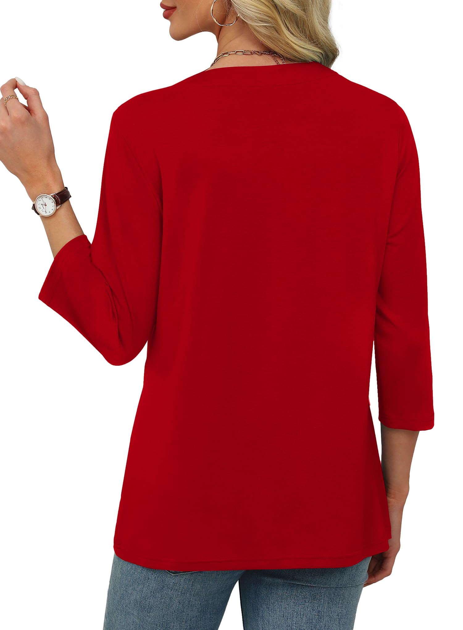 Womens 3/4 Length Sleeve Tops V Neck Pleated Work Blouses(buy 3 free shipping)