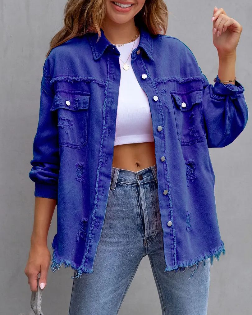 50% OFF🔥Women's Basic Casual Ripped Denim Jacket Long Sleeve (Buy 2 Free Shipping)