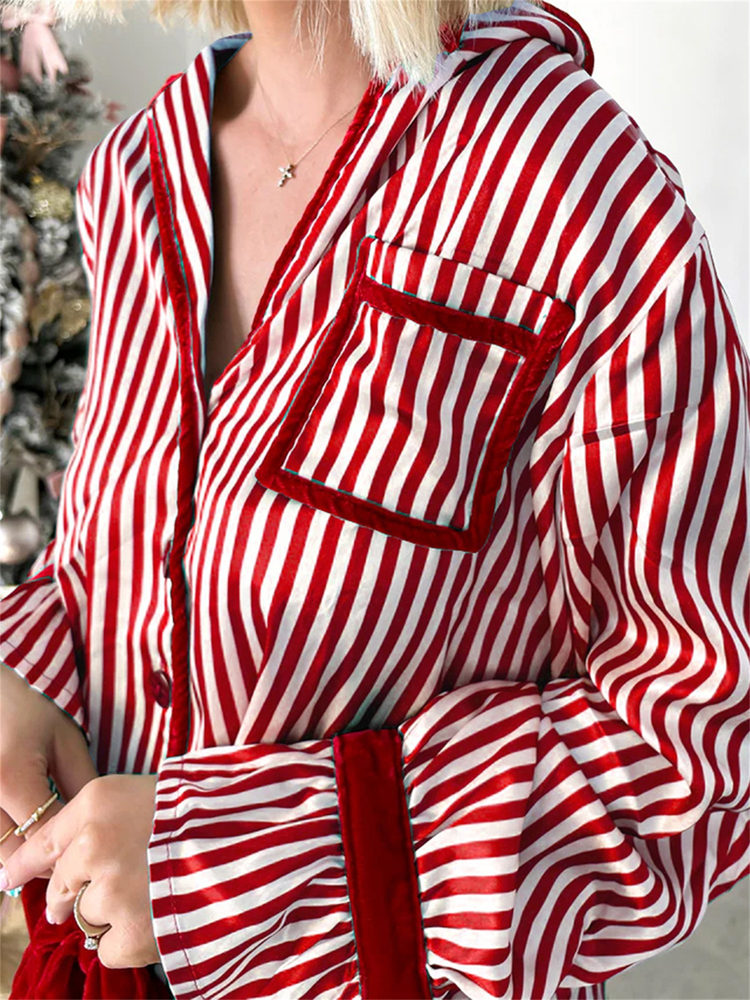 Women's Striped Button-up Crop Tops Bow Long Pants Pajama Set