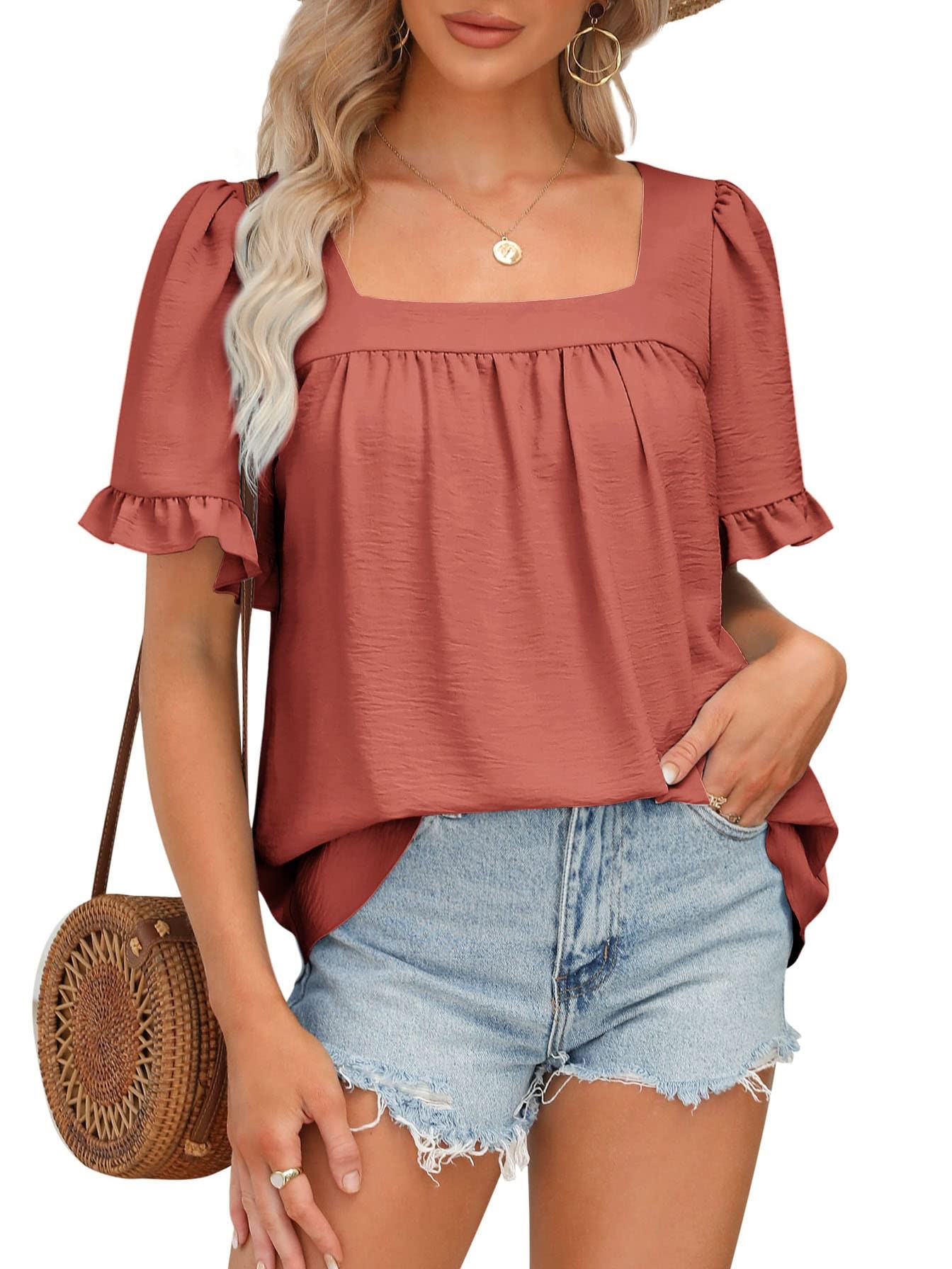 Women's Sqaure Neck Ruffle Sleeve Blouses Peplum Tops