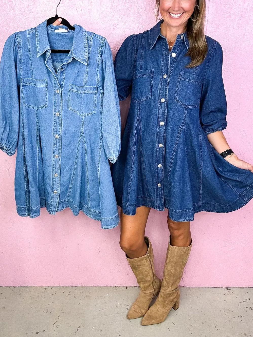 Women's Flowy Button Down Flirty Denim Dress