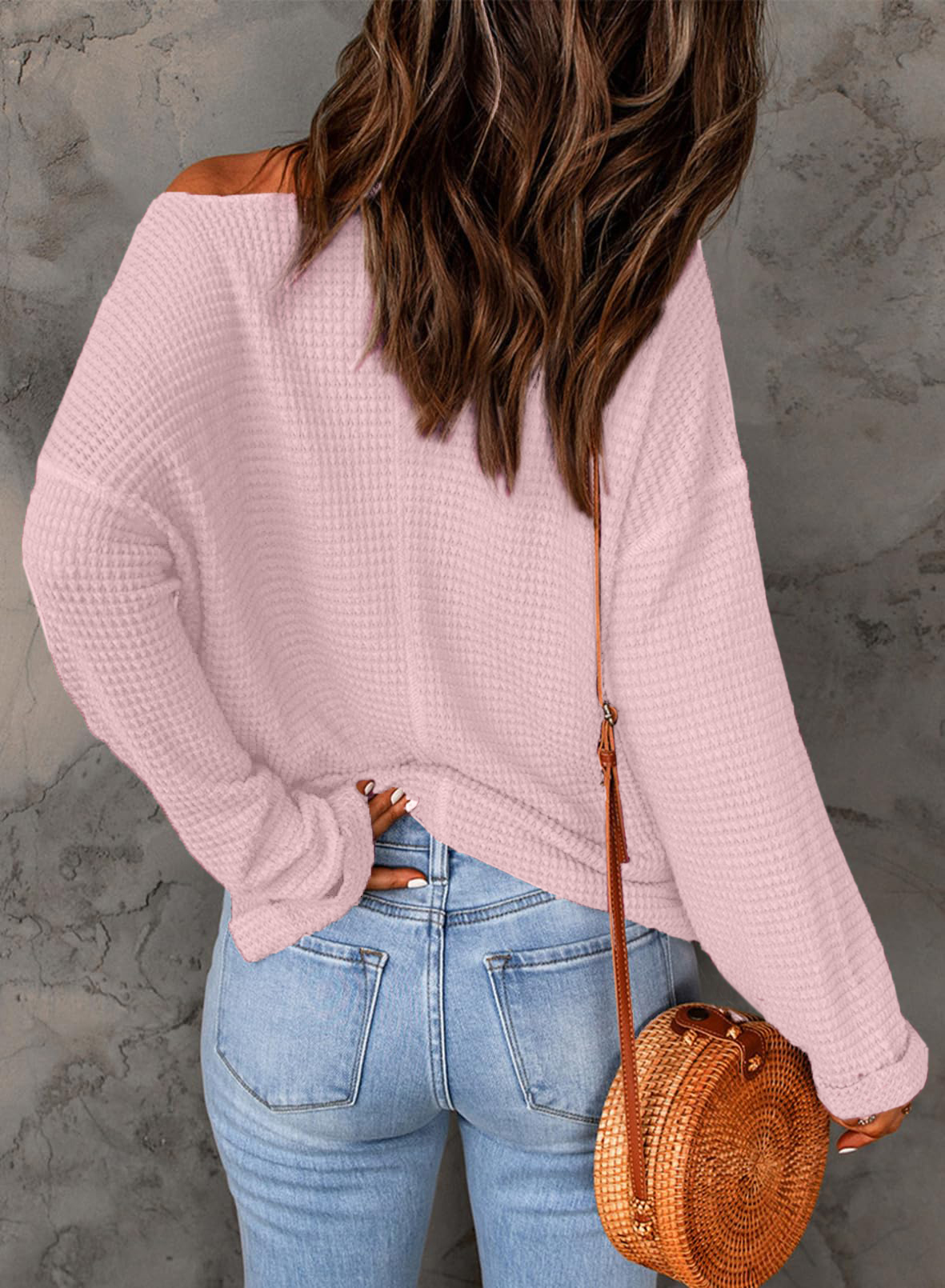 Casual Notched Neck Drop Shoulder Waffle Knit Top