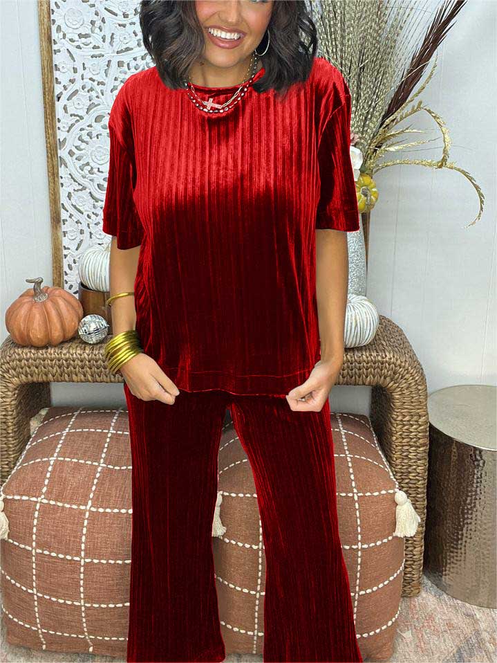 Velvet Pleat Detail Top And Pant Set (Buy 2 Free Shipping)