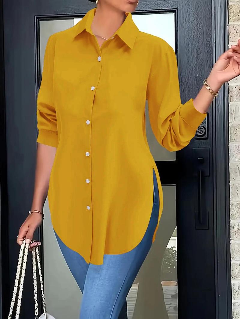 Women's Plain Button Front Split Side Shirt