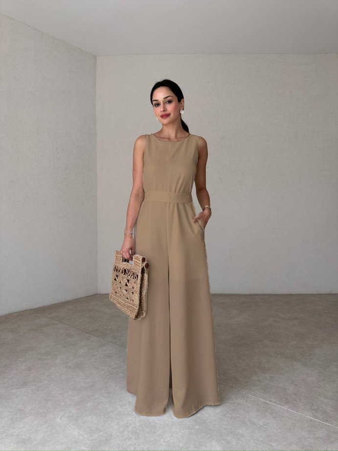 Women's Sleeveless Waisted Linen Jumpsuit With Pockets